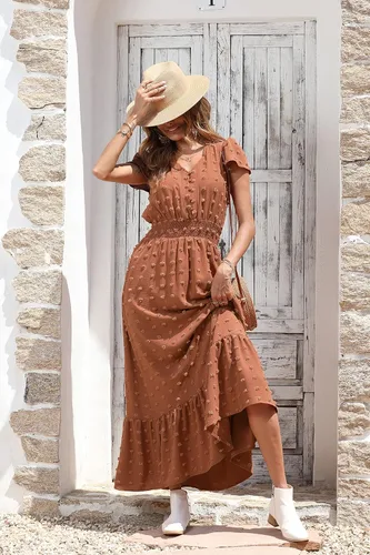 Vista 3 de PRETTYGARDEN - Vestido bohemio de manga corta con cuello en V y plumetí con volantes vestido maxi fruncido de cóctel