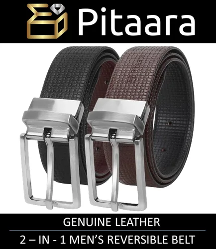 Vista 2 de Pitaara Cinturón reversible de cuero genuino para hombres, patrón de impresión de caja (negromarrón)