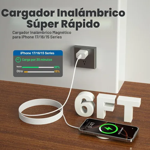 Vista 2 de Cargador MagSafe para iPhone, cargador inalámbrico magnético de 15 W, almohadilla de carga rápida de 6 pies, cargador MagSafe de Apple para iPhone