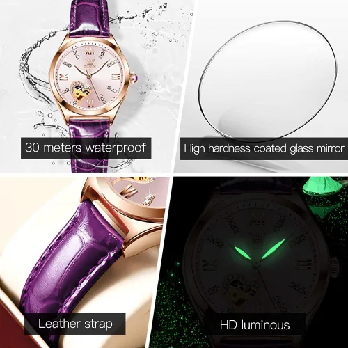 Vista 5 de OLEVS Reloj mecánico automático para mujer, correa de cuero, cuerda automática, reloj de pulsera para mujer, esfera de corazón de diamante