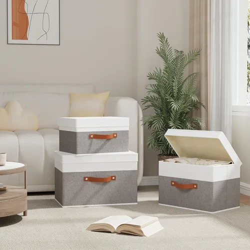 Vista 3 de Contenedor de almacenamiento de tela, cesta de almacenamiento con tapas, caja organizadora de armario con asas para zapatos, libros, toallas, blanco
