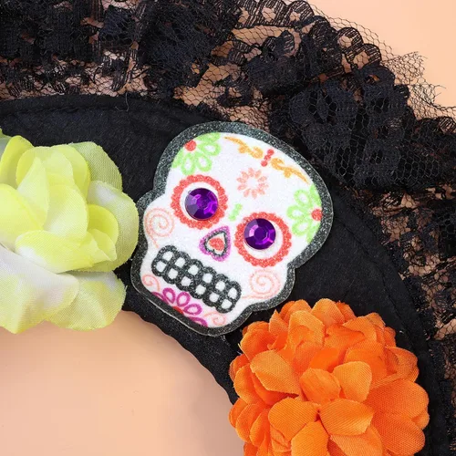 Vista 3 de Needzo Day of The Dead Costume Headband For Women, Dia De Los Muertos, With Sugar Skull and Flowers, Halloween, One Size Fits Most
