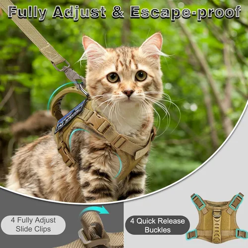 Vista 4 de Arnés táctico para gato y correa para caminar a prueba de esacpe, chaleco grande de malla suave ajustable para gatos con mango de goma fácil