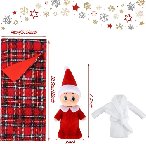 Vista 3 de Skylety 2 muñecas de Navidad, gemelas, rojo y verde, 1 saco de dormir de Navidad a cuadros rojos y 1 bata de baño de muñeca, accesorios de Navidad