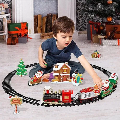 Vista 3 de Juego de tren de Navidad con pista de lujo y sonidos y luces brillantes, tren para niños para árbol de Navidad, juego de trenes eléctricos