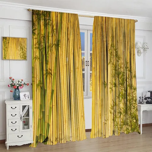 Vista 3 de Cortinas con estampado de bambú, asiático, japonés, naturaleza, bambú, elegante, bronceado, hogar, decoración para sala de estar, dormitorio