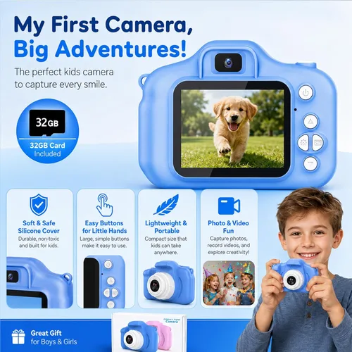Vista 6 de Cámara de juguete para niños, regalos de Navidad, cumpleaños, festival para niños de 3 a 10 años, cámara de video digital HD para niños pequeños