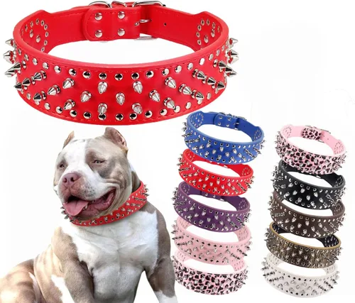 Vista 12 de PU - Collar para perro de piel sintética ajustable de 2.0 in, tachonado con clavos, Negro Collar de protección ajustable para el cuello