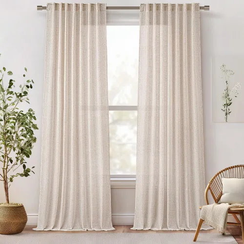 Vista 2 de MIULEE Cortinas de lino natural de 84 pulgadas de largo 2 paneles, con pestaña trasera con cinta plisada, cortinas de textura de lino suave y gruesa