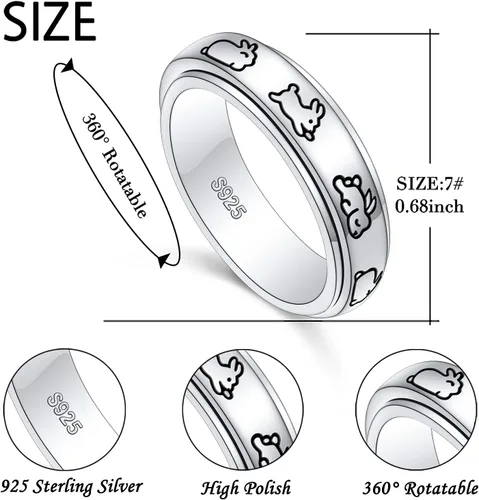 Vista 6 de Anillos giratorios de plata de ley S925 para ansiedad, preocupación, aliviar el aburrimiento, TDAH, autismo, banda para mujeres y adolescentes