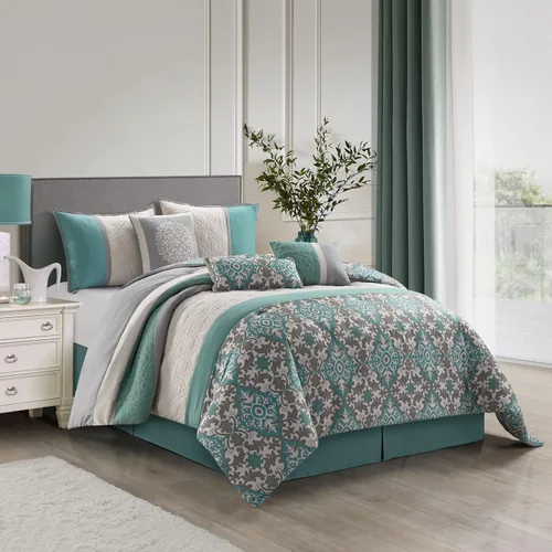 Vista 2 de Stratford Park Elegante juego de ropa de cama de 7 piezas, color verde azulado, para todas las estaciones, tamaño Queen, 100% poliéster