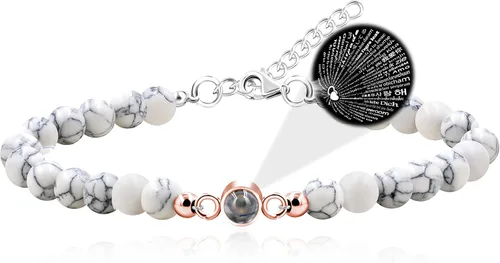 Vista 9 de Pulsera de proyección con texto en inglés "I Love You" en 100 idiomas para esposa, novia, ágata negra mate o piedra turquesa blanca para hombres