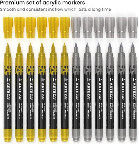 Vista 2 de ARTEZA Marcadores de pintura acrílica metálica, juego de 12 (6 dorados + 6 plateados), puntas extrafinas de 0.069 pulgadas, bolígrafos de pintura a
