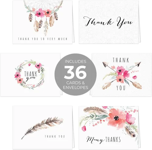 Vista 2 de Boho Spirit tarjeta de agradecimiento surtidas – Set de 36 interior en blanco – 6 Diseños interior en blanco – de tarjetas con sobres blancos