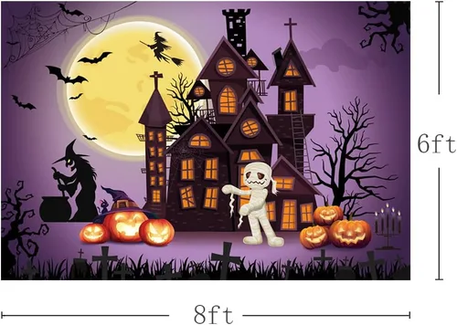 Vista 3 de MEHOFOND Telón de fondo de Halloween de 8 x 6 pies para niños, fiesta de disfraces, terror, momia aterradora, castillo, murciélagos de bruja