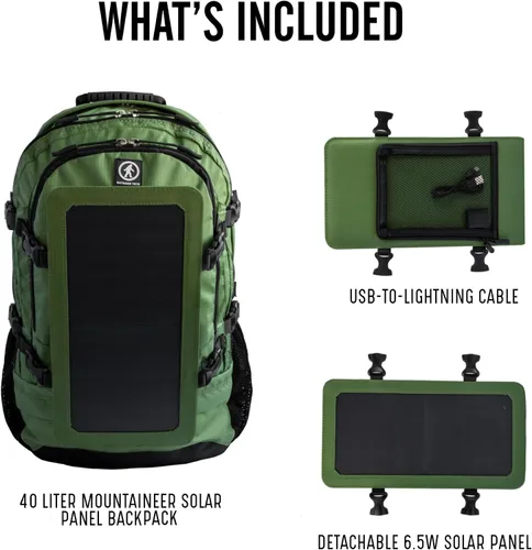 Vista 2 de Outdoor Tech - Mochila solar Mountaineer - Mochila resistente para exteriores de 40L con panel solar flexible y desmontable de 6.5 W para cargar