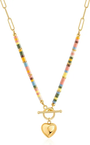 Vista 22 de Aobei Pearl Collar chapado en oro de 18 quilates con dije de cruz de corazón, corazón, estrella, león, mal de ojo, amor, medallón, clip de papel