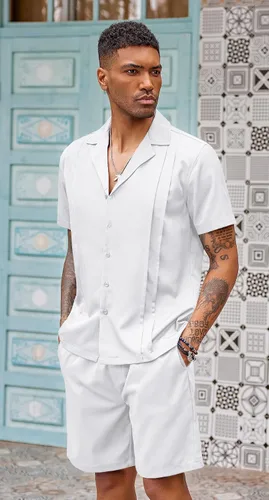 Vista 3 de COOFANDY Conjunto corto de 2 piezas para hombre, camisa cubana con botones, informal, conjunto de trajes de playa cortos