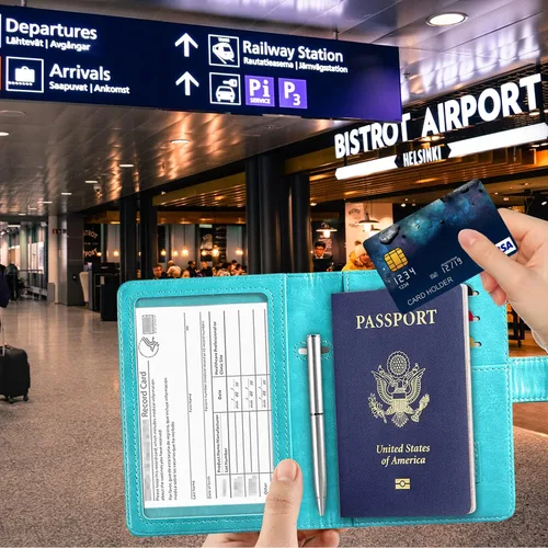 Vista 2 de RSAquar Combo de portatarjetas de pasaporte y vacunación, funda de pasaporte, funda de cuero para tarjetas de viaje, accesorios con bloqueo RFID