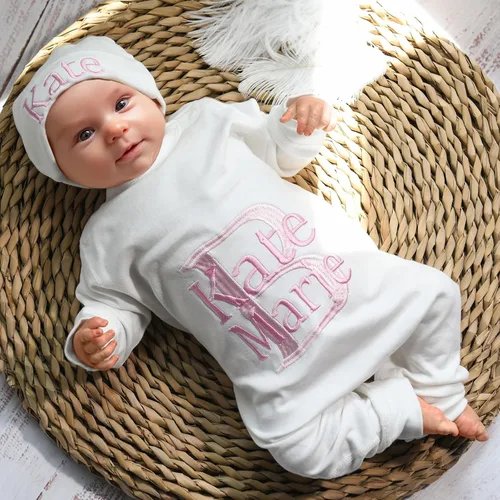 Vista 5 de Personalized Sleeper Baby Coming Home Outfit, Personalized Neutral Naby Romper and Hat Set Custom Infant Boy Coming Home Outfit Baby Shower Gift