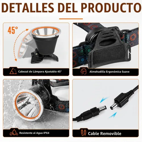 Vista 6 de Luces de caza de mapache recargables de alta potencia – Super brillante linterna frontal impermeable de LED, linterna de cabeza con haz ajustable