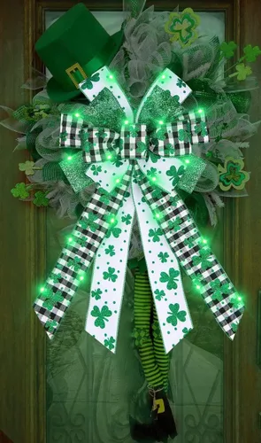 Vista 4 de ALIBBON Arcos LED grandes para coronas, lazos de corona de San Patricio, lazos de trébol verde con purpurina para manualidades, decoración irlandesa