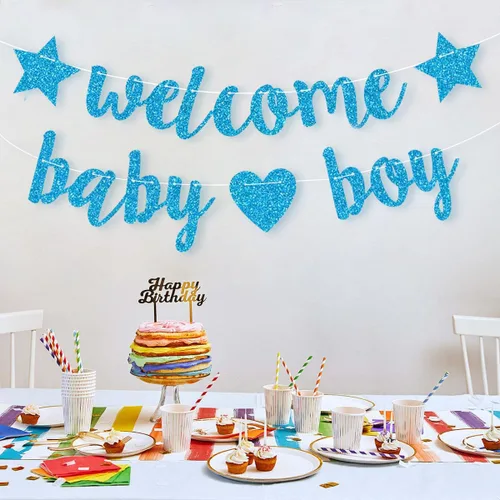 Vista 5 de Decoraciones de baby shower para niños, pancarta de bienvenida con purpurina, banderines colgantes para fiesta de cumpleaños de recién nacidos, Azul