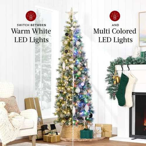 Vista 4 de Best Choice Products Árbol de Navidad delgado preiluminado de 6 pies, decoración delgada de árbol festivo de pino escocés escarchado, árbol delgado