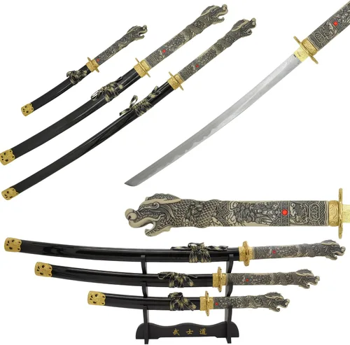 Vista 12 de Snake Eye Tactical Highlander Dragon Design Handle Samurai Katana - Juego de espada triple con soporte de espada
