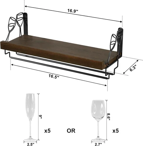 Vista 5 de Love-KANKEI - Estante para vino con colgador de copas, madera maciza, 17 pulgadas, marrón oscuro Wine Glass Rack,Floating Wall Shelf,Easy to