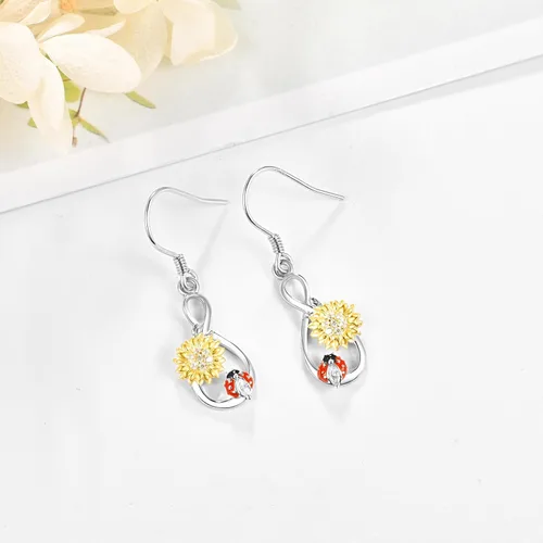 Vista 3 de Dreamboat Sunflower Ladybug Necklace for Women S925 Sterling Silver Sunflower Ladybug Earrings Gold Sunflower Jewelry Gifts for Women Mom Wife