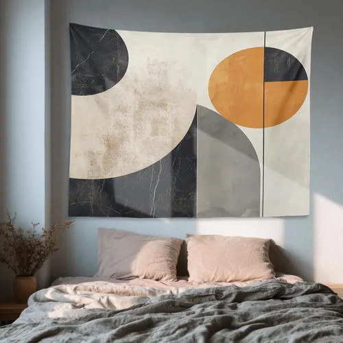 Vista 6 de Shrahala Modern Abstract Artwork Wall Tapestry, Orange Black Beige Wall Hanging Large Tapestry Decoration Polyester Fiber White Hem Around for Dorm