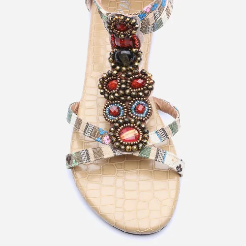 Vista 2 de Odema Sandalias planas para mujer, con cuentas bohemias, con cremallera trasera, zapatos elegantes
