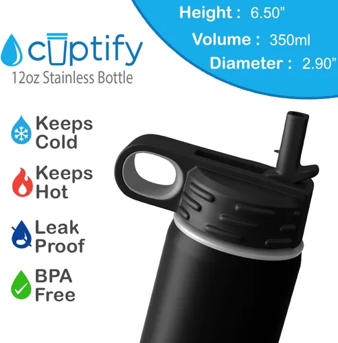 Vista 5 de Botella de agua para niños personalizada con nombre en botella de agua aislada con anillo negro mate de 12 onzas Mate negro
