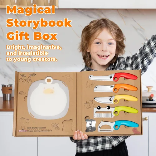 Vista 7 de Juego de cuchillos de cocina para niños con caja de regalo de libro mágico y anillo educativo, herramientas de cocina de animales de 7 piezas