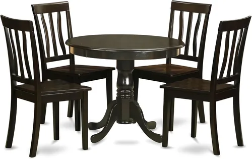 Vista 11 de East West Furniture ANTI3-BLK-W Juego de mesa y sillas de cocina de 3 piezas contiene una mesa de comedor redonda con pedestal y 2 sillas de asiento