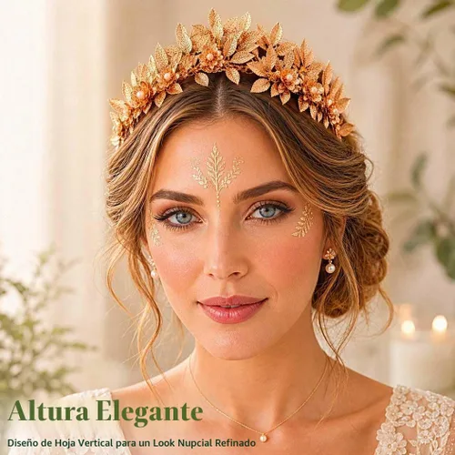 Vista 4 de Brishow Diadema de tiara de hoja dorada, corona de laurel griega con flores de perlas para mujer