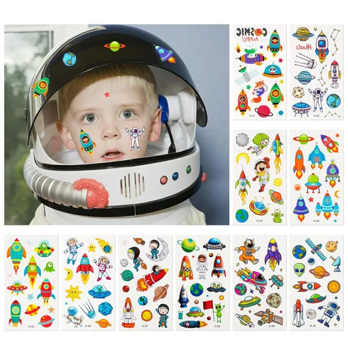 Vista 5 de Habett Tatuajes temporales para niños, 60 hojas de estilos mixtos de tatuajes temporales para niñas y niños, dinosaurios espaciales, tatuajes