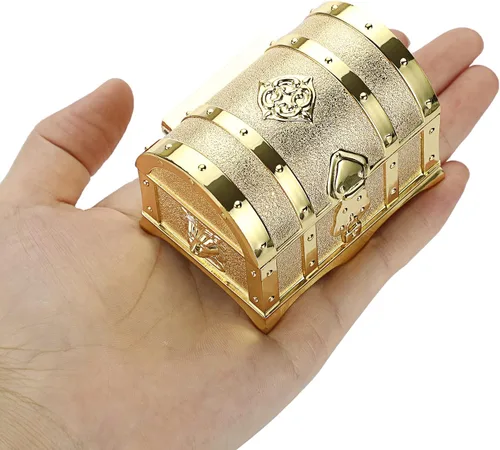 Vista 2 de Hipiwe Joyero de metal vintage con diseño de cofre del tesoro, aretes de anillo pequeño, collar de recuerdo para niñas, mujeres y mujeres, dorado