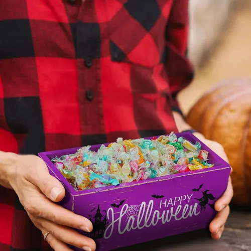 Vista 4 de Sintuff Cuenco de madera para dulces de Halloween, soporte grande y divertido para platos de dulces, vajilla de truco o trato para fiestas
