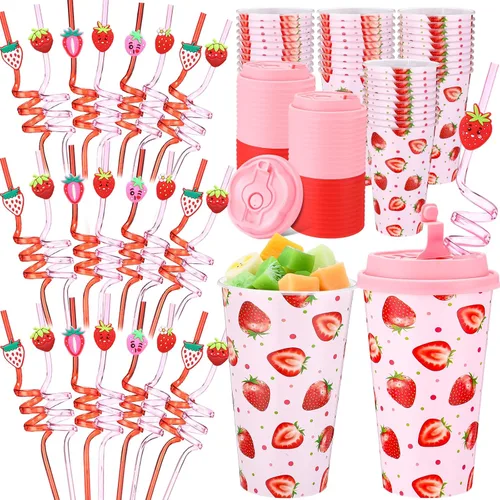 Vista 22 de Yungyan 16 juegos de tazas de golosinas con tapas y pajitas para decoraciones de cumpleaños, reutilizables, 16 onzas, vasos de plástico para dulces