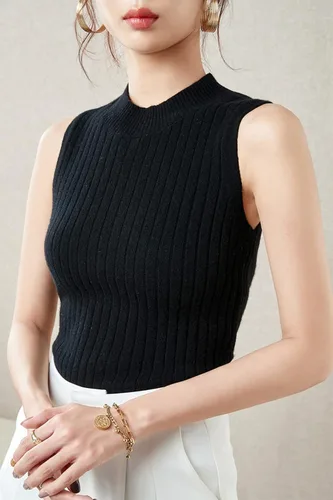 Vista 3 de LINY XIN Chaleco de punto 100% lana merino para mujer, sin mangas, suéter clásico sólido