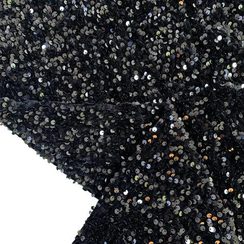 Vista 4 de Tela de lentejuelas negras de terciopelo de 1 yarda de largo, tela de lino brillante para coser, tela de spandex de terciopelo para vestido