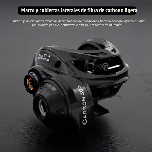 Vista 3 de Carrete de pesca de carbono 300 Baitcasting, carretes de cebo de alta capacidad de línea, relación de engranajes 6.3:1, rodamientos de bolas