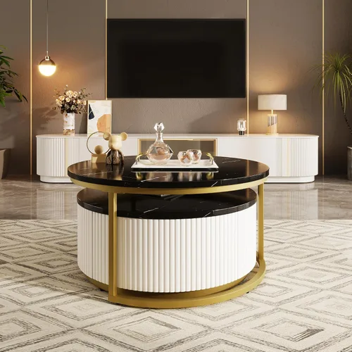 Vista 5 de Moderna mesa de centro redonda anidable acanalada con cajón en negro y dorado en 31.5 pulgadas