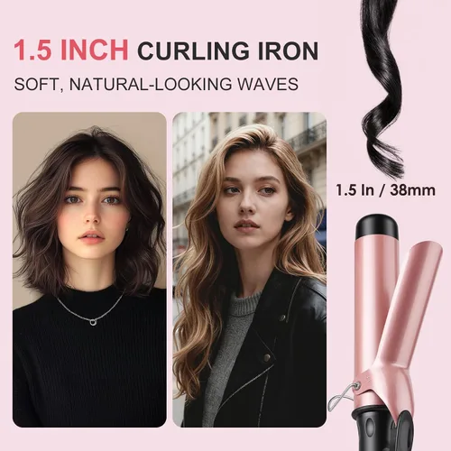 Vista 2 de Varita rizadora para cabello largo y corto, rizador de pelo de cerámica con temperatura ajustable de 14, estilizador de viaje de doble voltaje