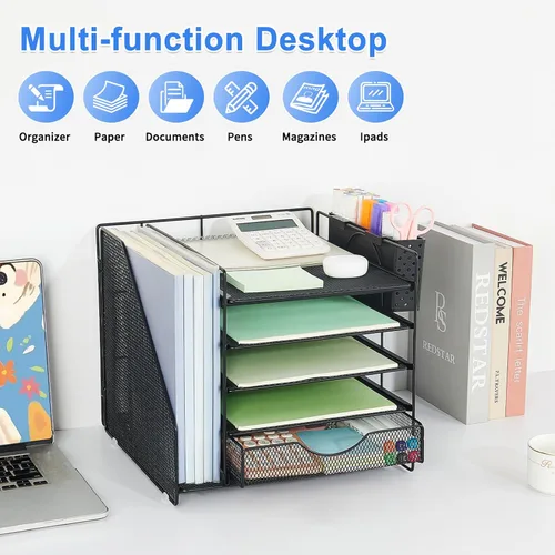 Vista 7 de Organizador de escritorio con cajón y soporte para bolígrafos, organizador de bandeja para cartas de papel de 5 niveles con soporte para archivos