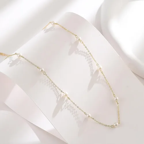 Vista 7 de Delicado collar de perlas chapado en oro de 14 quilates, bonito collar de perlas individuales elegante gargantilla de perlas pequeñas delicadas