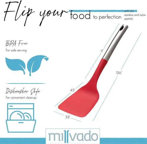 Vista 3 de Turner, mango fuerte de acero inoxidable con base de plástico resistente, volteador sólido rojo de 13.5 pulgadas para voltear panqueques, huevos