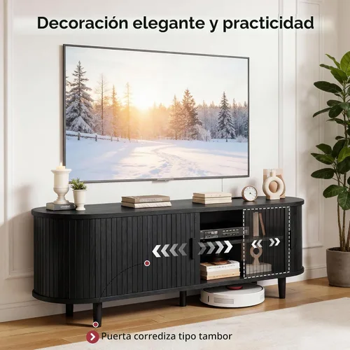 Vista 3 de Soporte de TV moderno de mediados de siglo de 58 pulgadas, consolas de TV de madera con puertas correderas y toma de corriente, centro